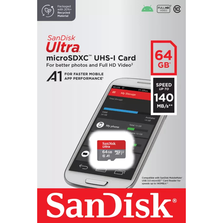 Sandisk Micro SD 64GB Class10 ความเร็ว 140MB/s ประกัน 10 ปี รุ่น SDSQUAB-064G-GN6MN