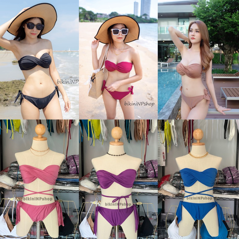 บิกินีเกาะอกใส่ทวิชได้มีฟองน้ำผ้าว่ายน้ำ100%
