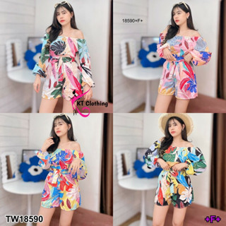 TT18590 set 2 ชิ้น เสื้อไหล่ปาด แขนพอง ลายใบไม้ + กางเกงขาสั้น เอวผูกโบว์ set 2 pieces, off-the-shoulder top, puff sleev