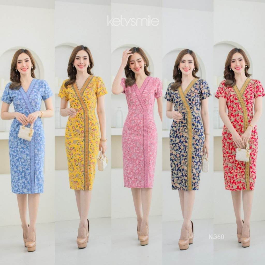 Kety Smile เดรสผ้าคอตต้อนพิมลายปาเต๊ะ คอวี ผ่าหน้า รุ่นนี้อัดกาวทั้งชุด งานขายดี N360 (S-5XL)