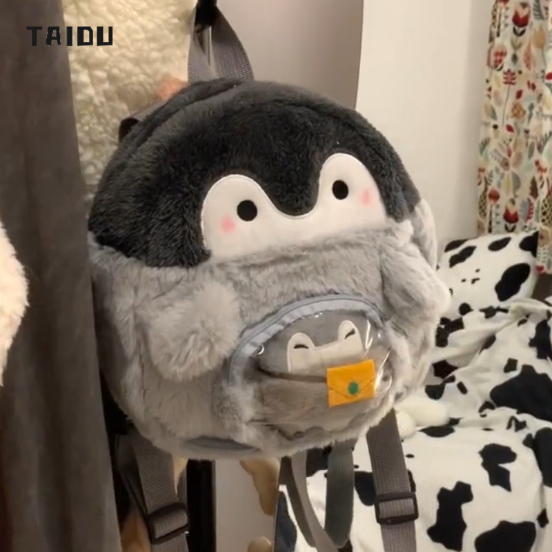 TAIDU กระเป๋าเป้สะพายหลัง ผ้ากํามะหยี่ขนนิ่ม ลายการ์ตูนเพนกวินน่ารัก ขนาดมินิ สําหรับนักเรียน
