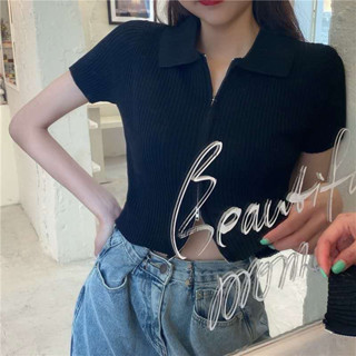 พร้อมส่ง📌เสื้อคอปกแขนสั้นไหมพรมเเต่งซิ๊บ​หน้ารูดได้จริง​