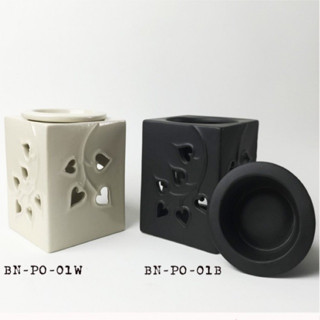 Aroma&amp;More เตาเผาน้ำมันหอมระเหยเซรามิคเคลือบ ลายใบโพธิ์ ดีไซน์สวย Ceramic Burner Square Shape 2 color Black/Cream