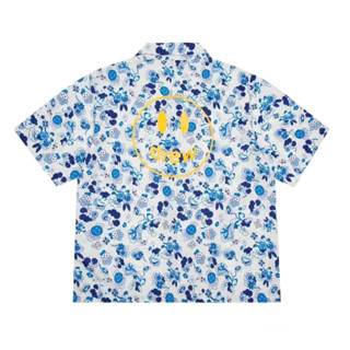 DREW HOUSE MASCOT BLUE AND WHITE PORCELAIN CLOUD SMILEY COUPLE PAJAMAS LOOSE SHORT-SLEEVED SHIRT BY JUSTIN BIEBER