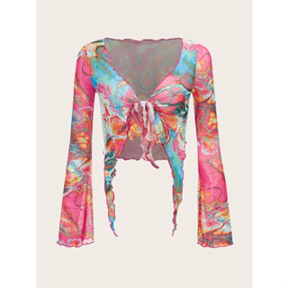 [SIS.SIE พร้อมส่ง] SHEIN เสื้อผูกหน้า ซีทรู แขนยาว ผ้าโปร่ง ลายกราฟิก