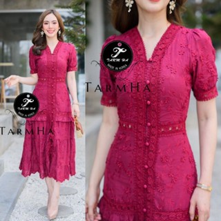 3Dสวยหรูขับผิว!!! S-2XL Maxi Dress เดรสสีแดงไวน์กระดุมหน้าผ้าปักดอก3มิติ  งานป้าย Tarm Ha