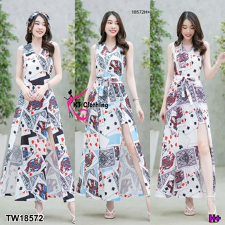 TT18572 Jumpsuit จั๊มสูทขาสั้น คอวีแขนกุด ลายไพ่ + สายผูก Jumpsuit, short jumpsuit, V-neck, sleeveless, card pattern + t