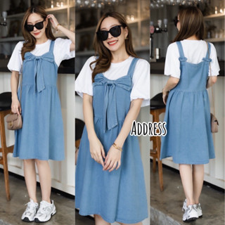 🌈🌿🌺🌼🌸💙🇰🇷 Jeans Bow SGL Dress&amp;Cotton Balloon Sleeve Top Set