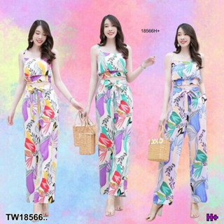 TW18566 Set 2 ชิ้น เสื้อครอปสายเดี่ยวลายใบไม้ เอวจั้ม + กางเกงขายาวผูกโบว์เอว