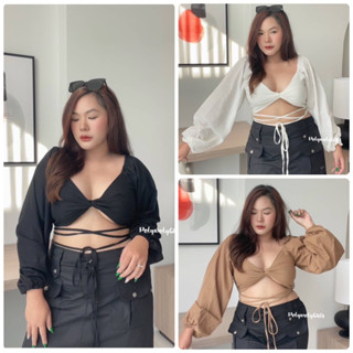 Plus size สาวอวบ ครอปไขว้หน้า มีสายพันเอวแขนยาว ผ้าฝ้าย