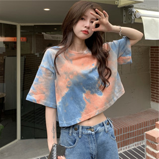 POOHPAND เสื้อครอป มัดย้อม Crop top โอเวอร์ไซส์ เอวลอย ทรงสวย สไตล์เกาหลี