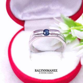 A6438 แหวนชายพลอยไพลินเผาเก่าแท้ ( Blue sapphire ) ตัวเรือนเงินแท้ 925 ชุบทองคำขาว แหวนไซส์ 66 แก้ไซส์ฟรี