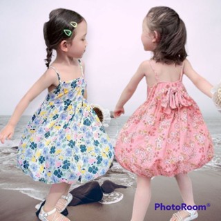 เดรสเด็ก ทรงบอลลูน ลายดอกผ้าพริ้ว ชุดเที่ยวทะเล 1-6ขวบ พร้อมส่ง