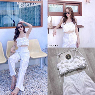 LALADA Set 2 ชิ้น น่ารักมากๆ คิ้วสุดเสื้อครอปสายเดี่ยวสีขาว(*เช็คสต๊อกก่อนกดสั่งน๊า)