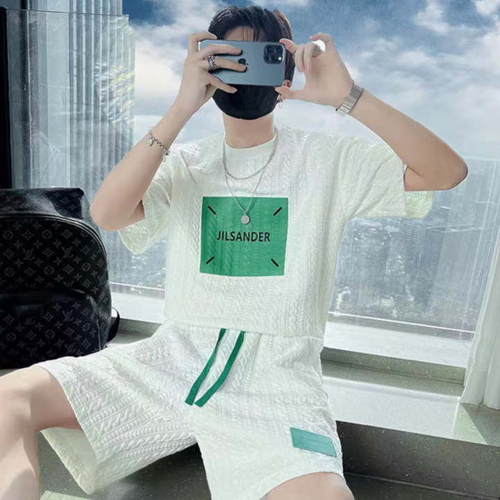 PX ชุดเซ็ต (เสื้อ+กางเกง) ใส่ได้ทั้งผู้ชาย ผู้หญิง ลายถักนูน ลายสกรีนเขียว ดีไซน์เก๋ เท่ เสื้อลำลอง กางเกงขาสั้น สีดำ สี