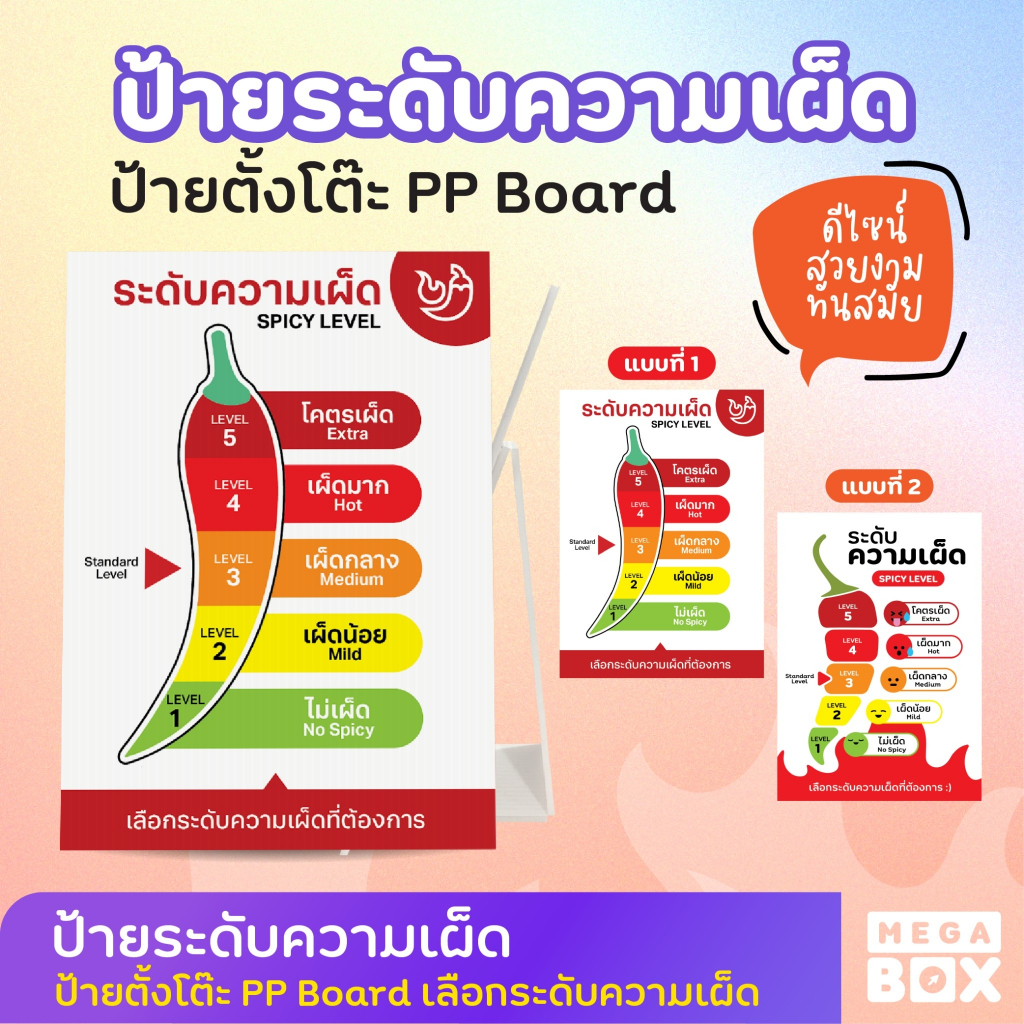 ป้ายระดับความเผ็ด ป้ายตั้งโต๊ะ  ร้านอาหาร