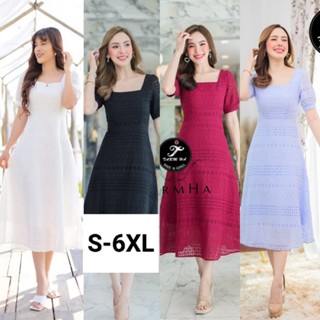 เดรสออกงาน4สี!!! S-6XL Dress เดรสขาวคอเหลี่ยมแขนพองผ้าฉลุลาย งานป้าย Tarm Ha