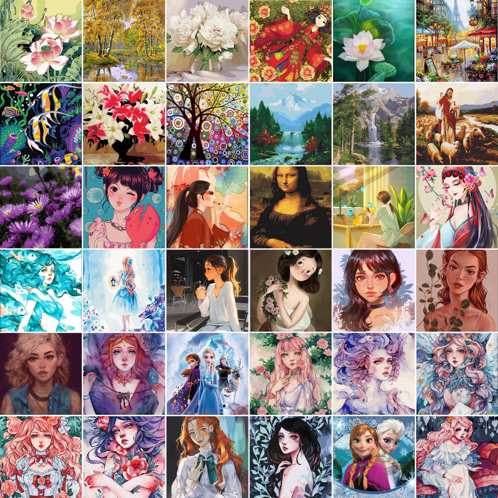 (พร้อมส่ง-ชุดที่3) ภาพระบายสีตามตัวเลข แบบขึงเฟรมไม้ ขนาด40x50cm งานศิลปะ DIY painting by numbers ภาพสวยๆ