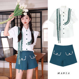 MANSA Korean shirt+shorts เสื้อเชิ๊ต เสื้อเกาหลี เสื้อผ้าแฟชั่นผู้หญิง ชุดเข้าเซท กางเกงขาสั้น