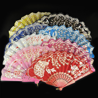 พัดลายนกยูง กากเพชร คละลาย ส่งจากไทย