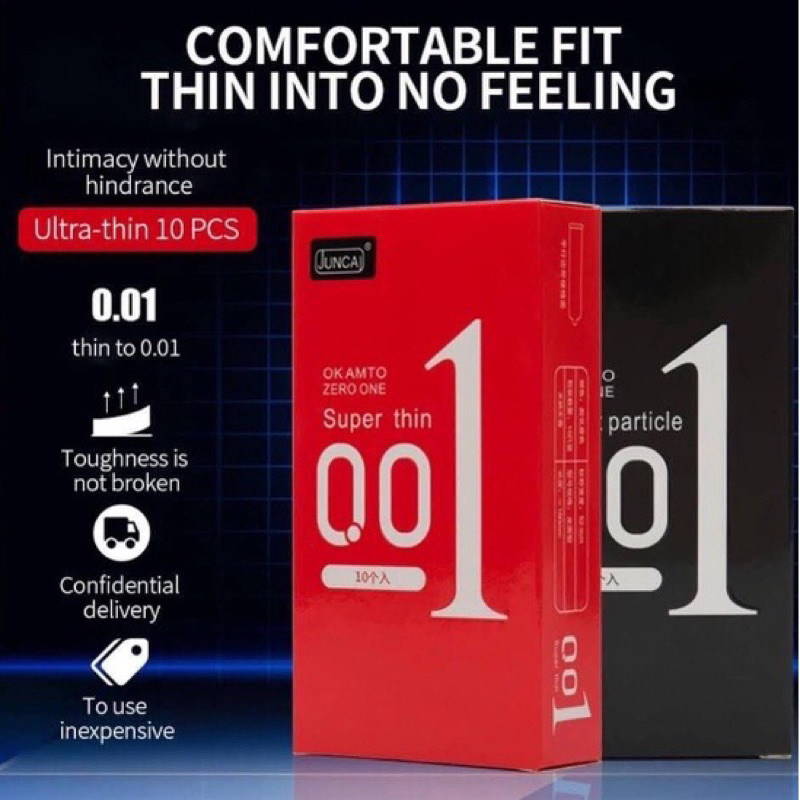 ของแท้100% (1กล่อง10ชิ้น) ถุงยางอนามัย JUNCAI บางเฉียบ 0.01 มม. ฟรีไซส์ ขนาด 49, 52, 54 มม.