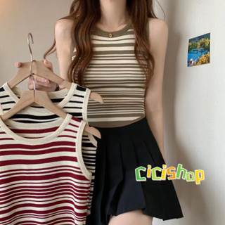 Cicishop(20155)เสื้อกล้ามครอปไหมพรมคอกลม ลายทาง น่ารักมินิมอลสุดๆ