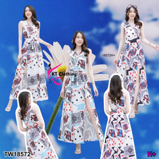 SS18572 Jumpsuit จั๊มสูทขาสั้น คอวีแขนกุด ลายไพ่ + สายผูก