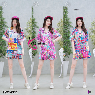 SS14911 Set เสื้อเชิ้ตแขนสั้น+กางเกงขาสั้น ลายกราฟฟิก