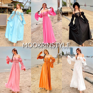 💓Mookrinstyle💓เดรสเจ้าหญิง แขนยาวแขนแต่งเป็นชั้นเลเยอร์ ลุคคุณหนูน่ารัก เดรสไปทะเล ปาดไหล่สวมใส่สบาย maxidress