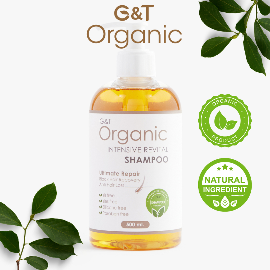 𝗚&𝗧 𝗢𝗥𝗚𝗔𝗡𝗜𝗖 แชมพูลดผมหงอกตามวัย สูตรออร์แกนิค 500ml 𝗜𝗡𝗧𝗘𝗡𝗦𝗜𝗩𝗘 𝗥𝗘𝗩𝗜𝗧𝗔𝗟 𝗦𝗛𝗔𝗠𝗣𝗢𝗢 ยาสระผมเสริม ลดผมร่วง ใบย่านางมะกรูดอัญชัญ