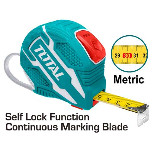 TOTAL ตลับเมตร 5 ม. รุ่น TMT126252E หน้ากว้าง 25 มิล (5m.x25mm.) ระบบ Self-Locking Blade กดปุ่ม เพื่อเก็บแถบวัด