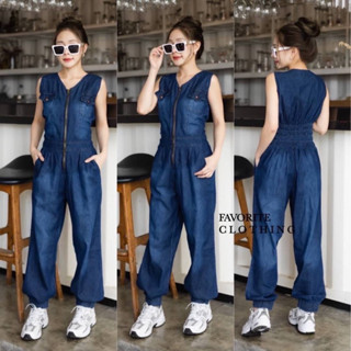 จั๊มสูธยีนส์ขายาวคอวี ทรงแขนกุด งานซิปหน้าใส่ง่าย