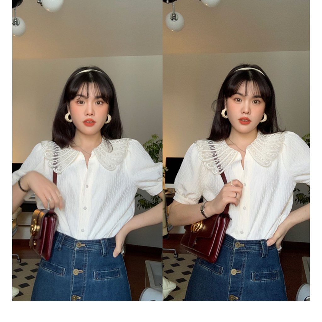 🔥ส่งไวในไทย🔥 CTB2919 เสื้อผ้าผู้หญิงแขนพัฟกระดุมหน้าคอปกแต่งลูกไม้สีขาว free size เสื้อแฟชั่นวินเทจ 