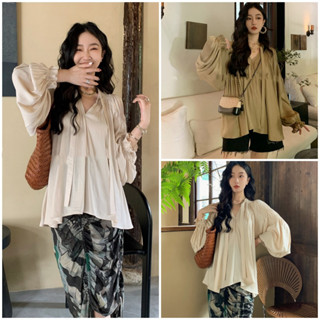 ใหม่ MCB2949 เสื้อแขนยาวอัดพลีทคอวีผู้หญิง เสื้อผ้าแฟชั่นเกาหลี free size ผ้าไม่ติดตัว ใส่สบายทรงหลวมพริ้วๆ