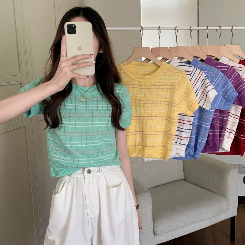 shop_sc เสื้อยืดไหมพรมคอกลมสไตล์เกาหลี แขนจั๊ม เอวจั๊ม ลายแถบ 424
