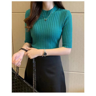 เสื้อไหมพรมผู้หญิง ทรงรัดรูป คอสูง แขน5ส่วน เนื้อผ้านิ่ม#8825