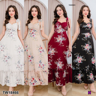 B18466 แม็กซี่เดรสยาว สายผูกไหล่ สายผูกเอว ลายดอกไม้ Long maxi dress, shoulder straps, waist strap, floral print