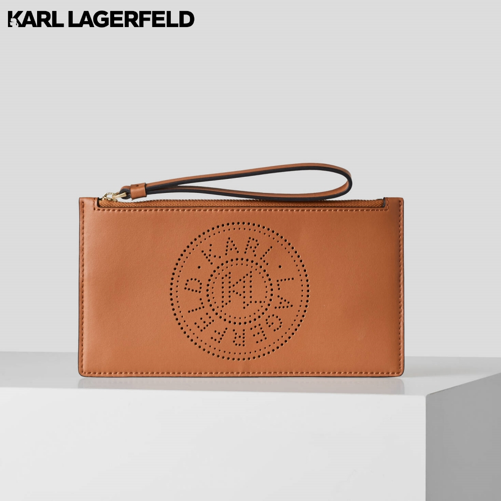 KARL LAGERFELD - K/CIRCLE PERFORATED LOGO POUCH SUDAN BROWN 231W3218 กระเป๋าคล้องข้อมือ