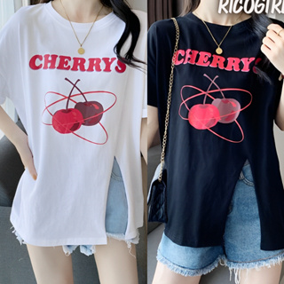 Ricogirl เสื้อยืดคอกลมแขนสั้น #5918 ลายเชอร์รี่ ผ่าชายเสื้อด้านข้าง