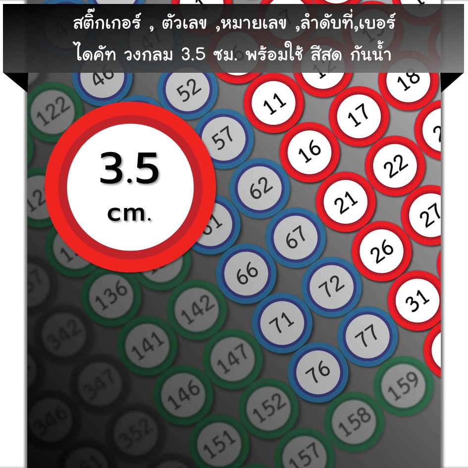 สติ๊กเกอร์ตัวเลข[CC1.35A4_SSN.Number.01]หมายเลข,ลำดับที่,sticker,วงกลม 3.5ซม.หลายสี,กันน้ำ,เลขที่,เบ