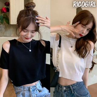 RicoGirl เสื้อครอปแขนสั้น เว้าไหล่สองข้าง #1262 เสื้อสวย เสื้อไหมพรม Y2K