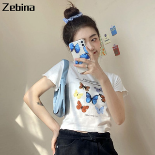 Zebina ฤดูร้อนสั้นสะดือชุดเสื้อยืดแขนสั้นนักเรียนหญิงเวอร์ชั่นเกาหลีหลวมในด้านบน