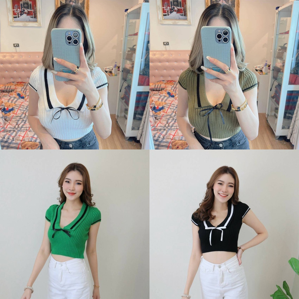 เสื้อครอปไหมพรมถักแขนสั้น แต่งคอโบว์น่ารัก ดีเทลตัดดำตรงปก มี 11 สีให้เลือก