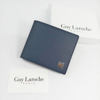 Guy Laroche กระเป๋าสตางค์ผู้ชาย พับสั้น สีน้ำเงินดำ หนังแท้ หนังลาย โลโก้ GL สีเงิน ของแท้100%