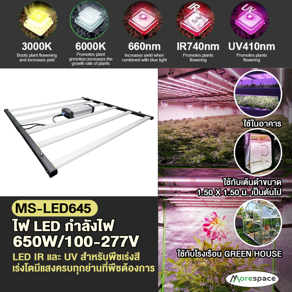 แผงไฟ LED สำหรับปลูกต้นไม้ LED GROW TENT  MS-LED645 ช่วยเร่งการเจริญเติบโตของพืชที่ปลูกในเต็นท์ดำ