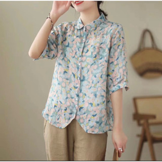 japanese styled linen floral print shirt เสื้อเชิ้ตพิมพ์ลายดอกงานญี่ปุ่นผ้านิ่มมากกก