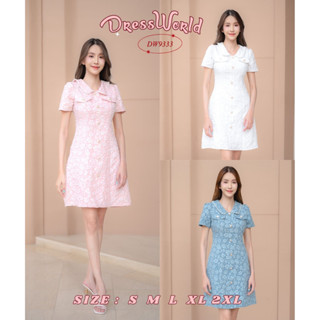 (เช็คของก่อนโอนเงิน) {S-2XL} 9333 งานป้าย Dress World ชุดเดรสสั้นผ้าทอ คอปก ลายดอกนูน แต่งกระดุม ดีเทลเก๋