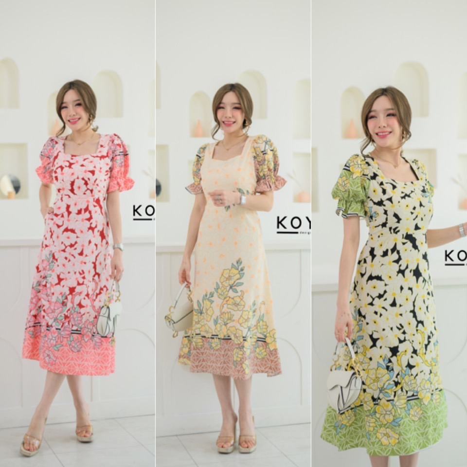 K341-11 เดรสคอเหลี่ยมลายเชิง