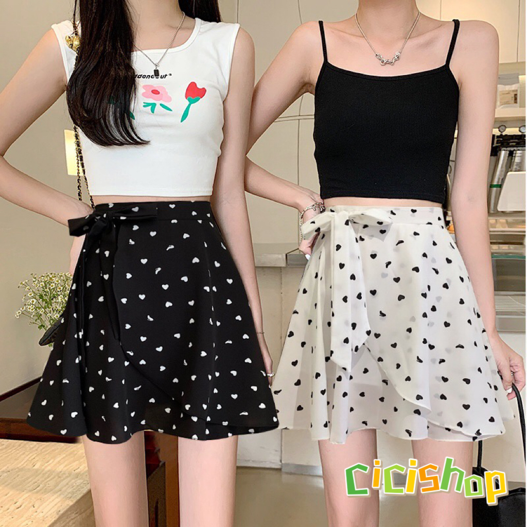 Cicishop(2330)Heartie skirts กระโปรงสั้นลายหัวใจ ดีเทลผูกเอวคิ้วท์ๆ ผ้าพริ้วบางสบายน่ารักสไตล์เกาหลี วาเลนไทน์