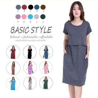 เดรสคลุมท้องให้นม Basic Style  ผ้า Cotton ยืด เปิดให้นมแบบเปิดด้านหน้า กระเป๋าสองข้างซ้ายขวา